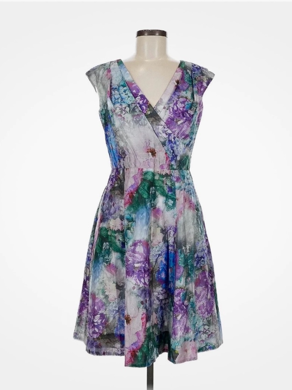 $279 Kay Unger Fit & Flare Pleated Watercolor Floral Dress, Cotton/Silk, 6